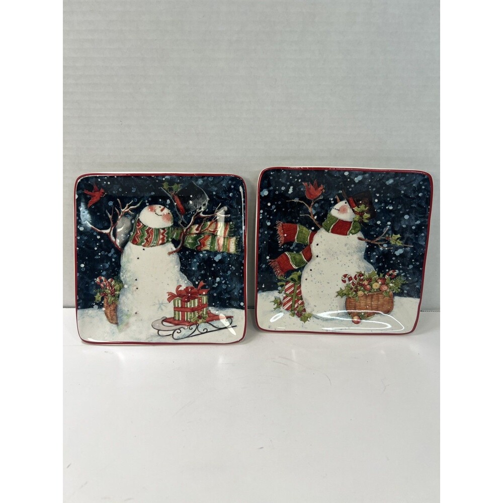 Susan Winget Snowman Red Birds Certified International 6" Dish Plate Set of 2